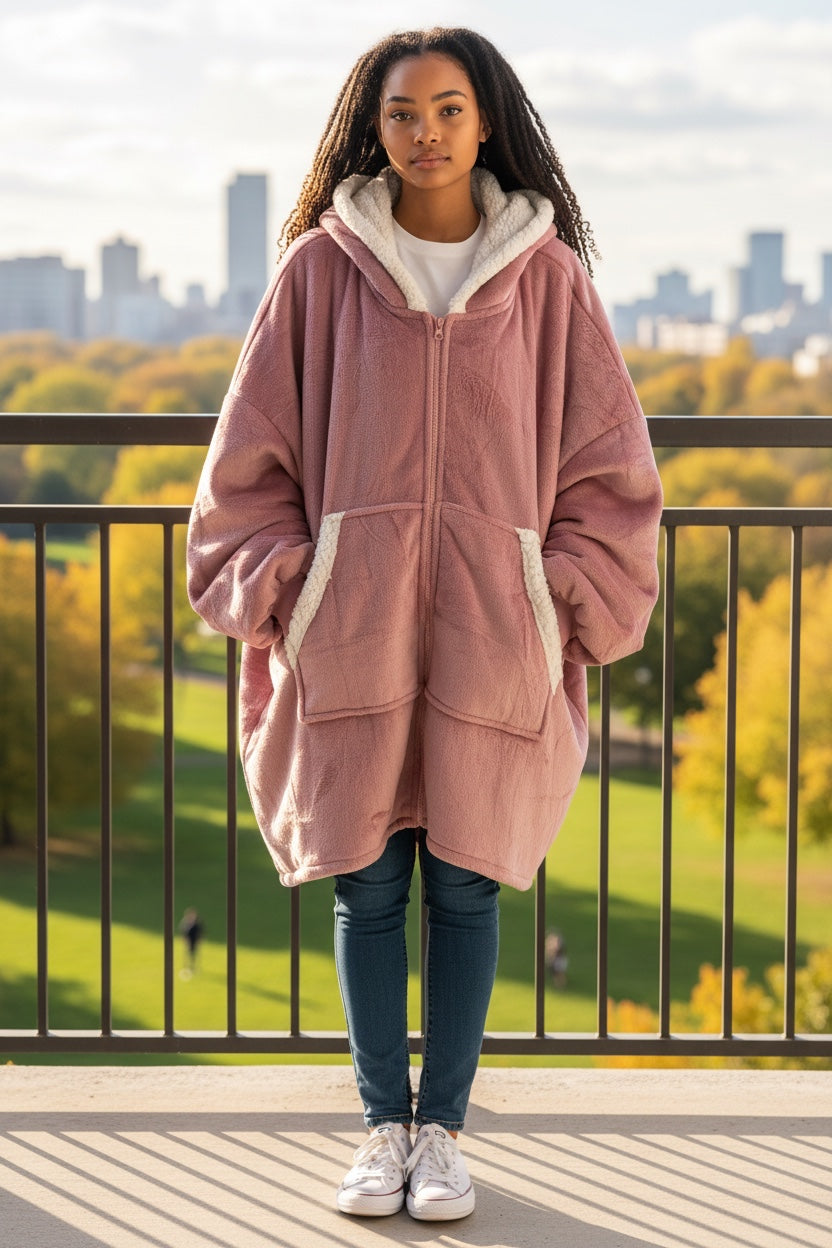 CozyNest Oversized Sherpa Zip Hoodie Blanket – Dusty Pink