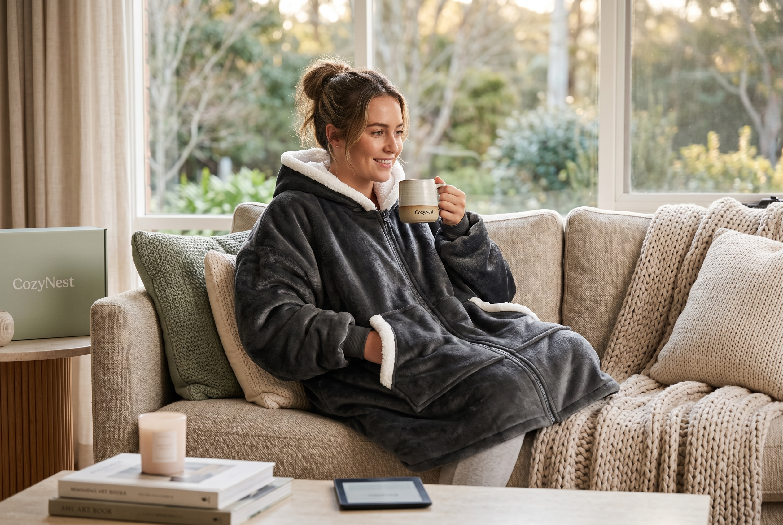 CozyNest Oversized Zip-Up Hoodie Blanket – Charcoal Grey