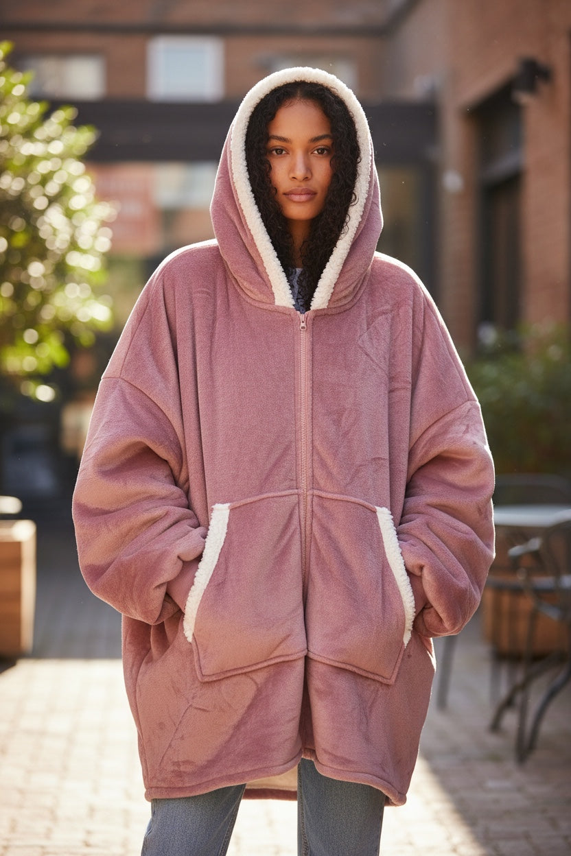 CozyNest Oversized Sherpa Zip Hoodie Blanket – Dusty Pink