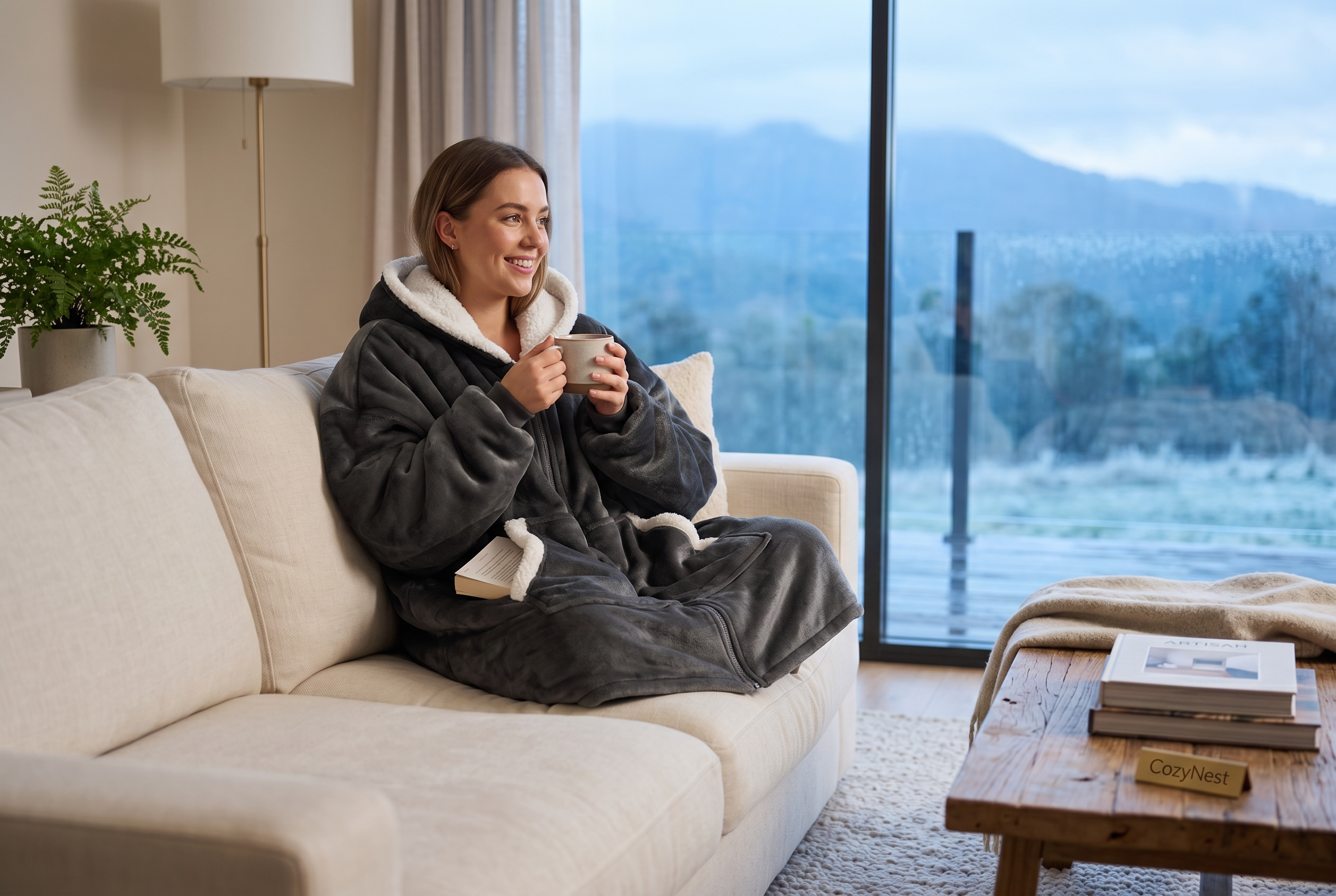 CozyNest Oversized Zip-Up Hoodie Blanket – Charcoal Grey