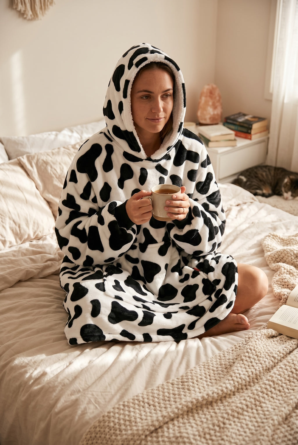 CozyNest oversized plush wearable blanket hoodie in black and white cow print with sherpa-lined hood on a woman.