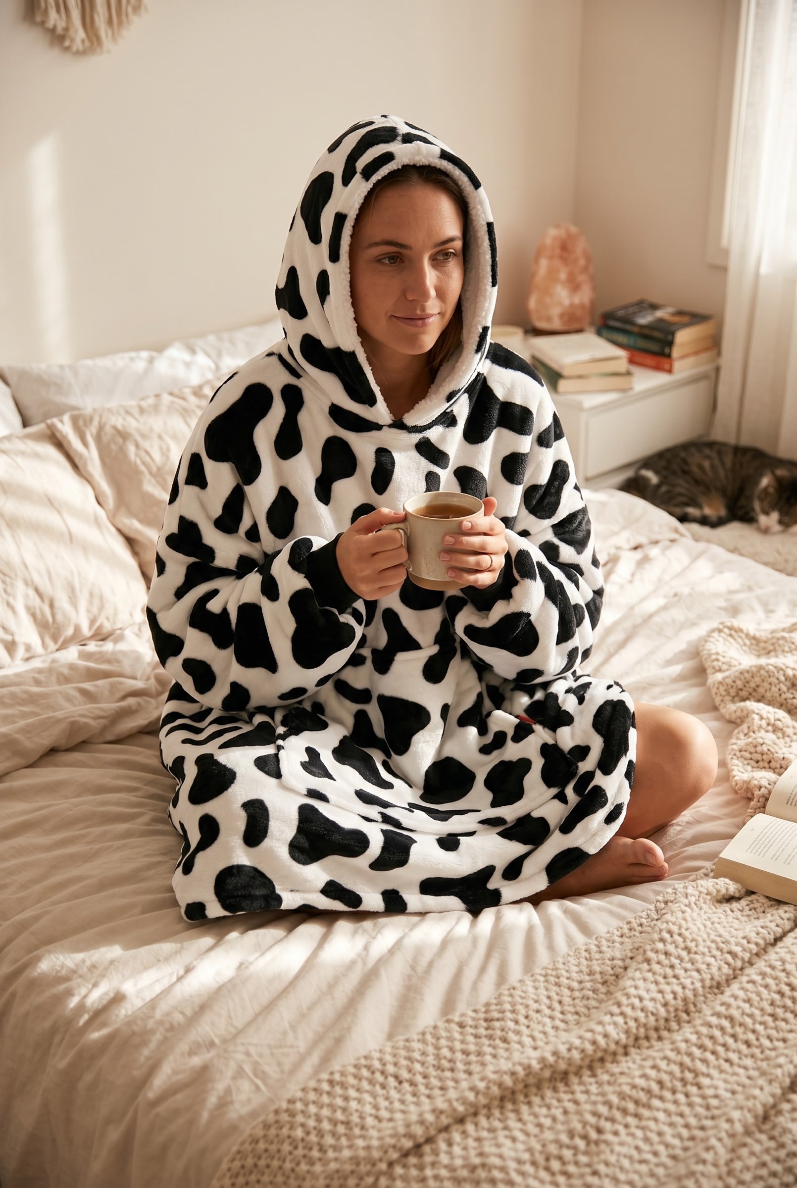 CozyNest oversized plush wearable blanket hoodie in black and white cow print with sherpa-lined hood on a woman.