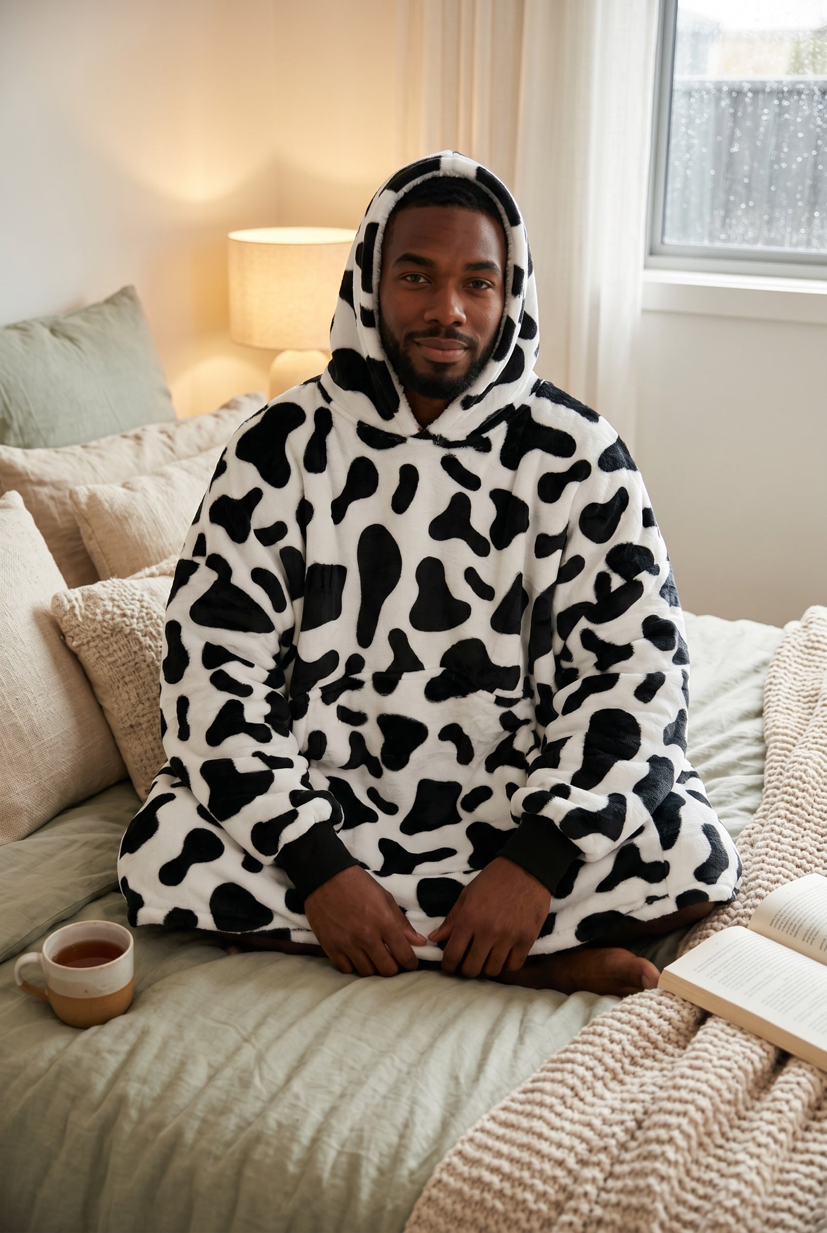 Man wearing a CozyNest oversized black and white cow print plush fleece wearable blanket hoodie while sitting on a bed.