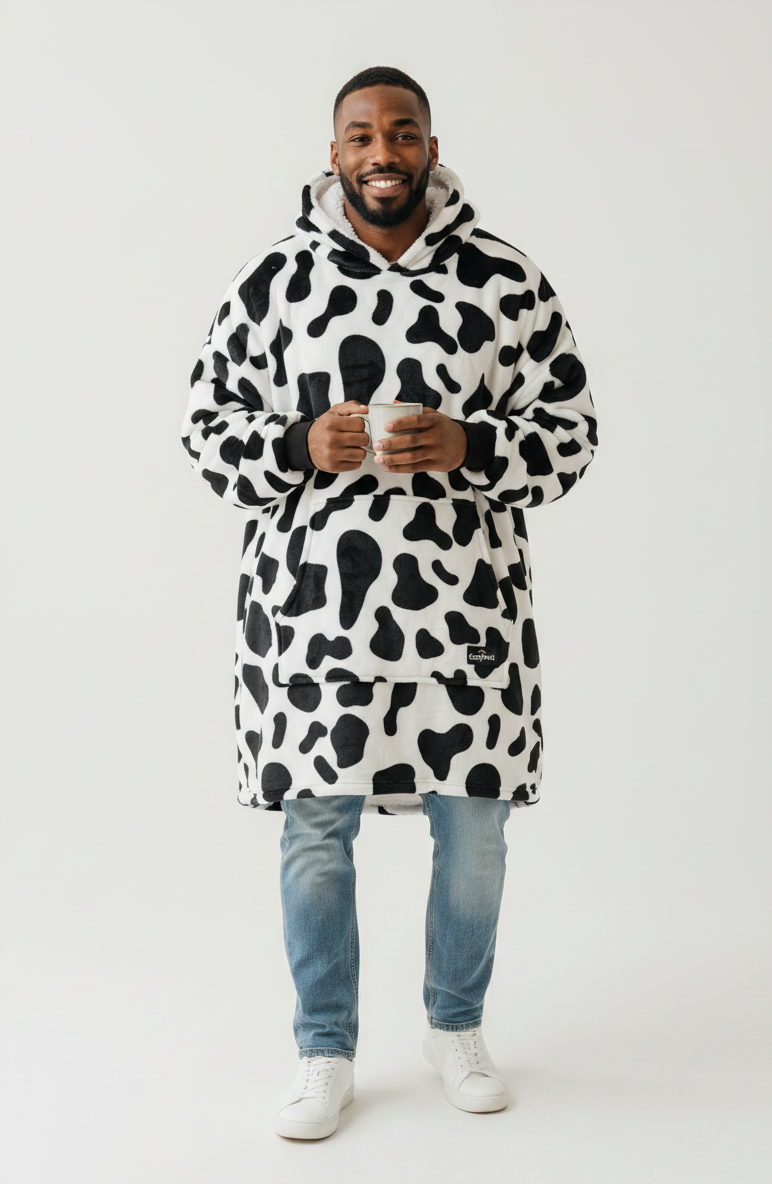 🐄 CozyNest Cow Print Hoodie Blanket – Oversized Wearable Blanket
