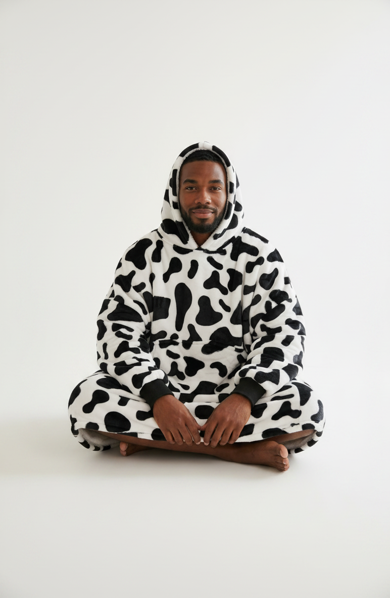 🐄 CozyNest Cow Print Hoodie Blanket – Oversized Wearable Blanket