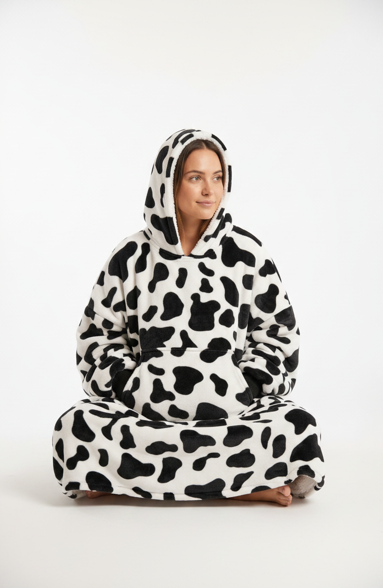 🐄 CozyNest Cow Print Hoodie Blanket – Oversized Wearable Blanket