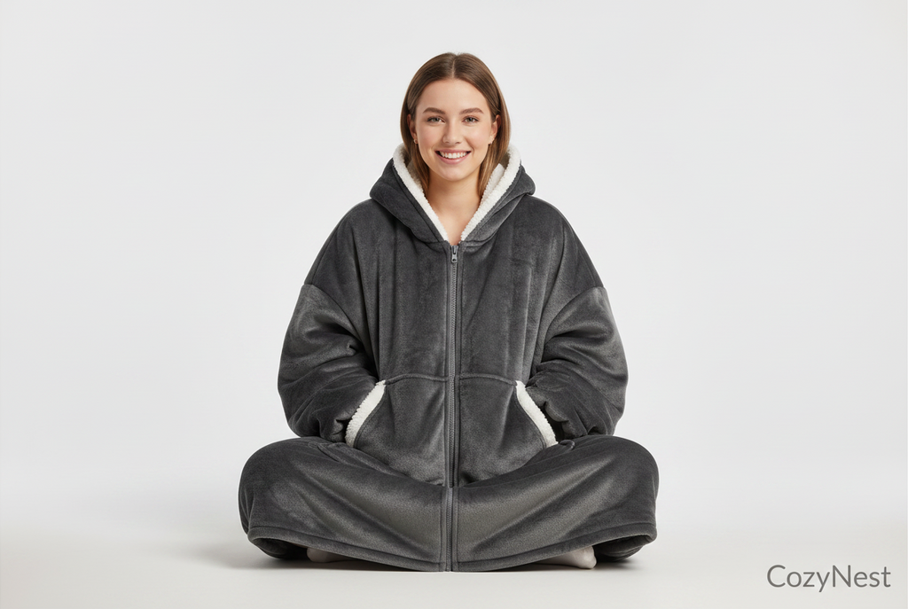 CozyNest Oversized Zip-Up Hoodie Blanket – Charcoal Grey
