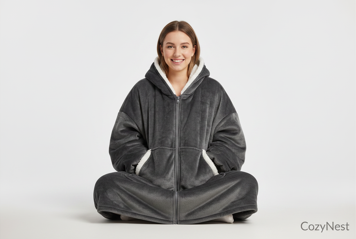 CozyNest Oversized Zip-Up Hoodie Blanket – Charcoal Grey